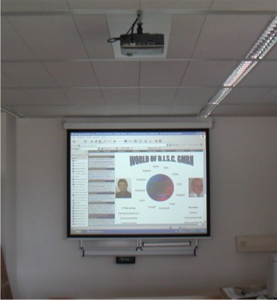 Beamer-Installation im Konferenzraum oder Schulungsraum mit interaktiver Klapptafel oder Whiteboard und Screen